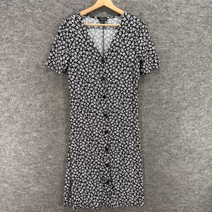 Messini Dress Women M Medium Black Floral Shift Midi Button V-Neck Short Sleeve